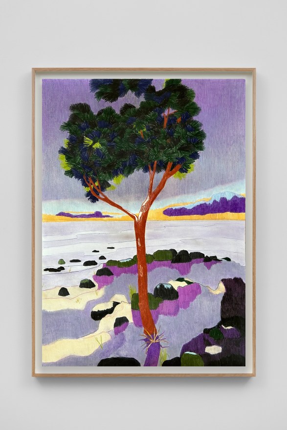 Per Adolfsen Purple sky and a tree by the coast, 2024 Signed, titled, and dated on verso Colored pencil and chalk on Hahnemühle paper 35 1/8 x 25 5/8 in (framed) 89.2 x 65 cm (framed) (PAD24.079)