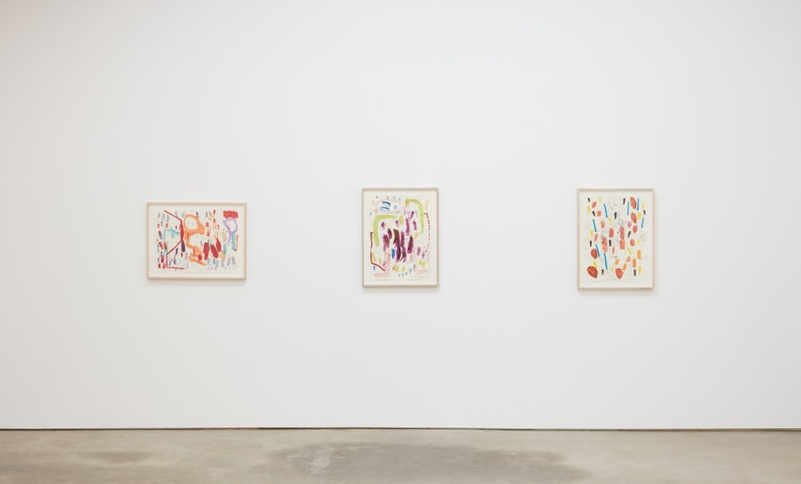 Installation View of Untitled Drawings (left to right), Blue, Green and Purple, Orange and Blue