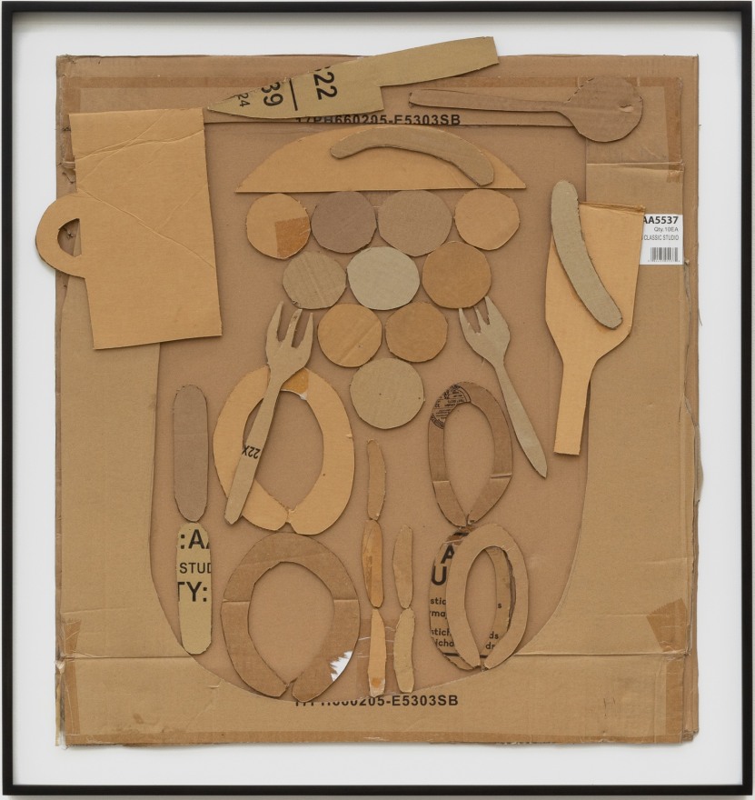 Florian Morlat, Untitled, 2019. Found cardboard collage, 35 x 33 in, 88.9 x 83.8 cm (FMO19.002)