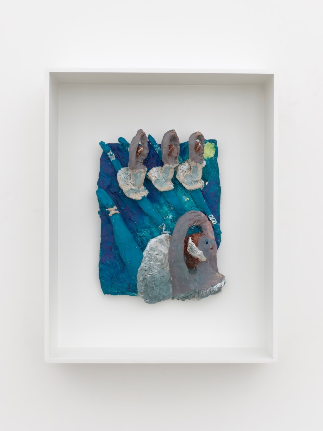 Kyle Staver Swan Lake, 2025 Air dry clay and acrylic 14 1/2 x 11 1/2 x 3 1/2 in (framed) 36.8 x 29.2 x 8.9 cm (framed) (KST25.034)