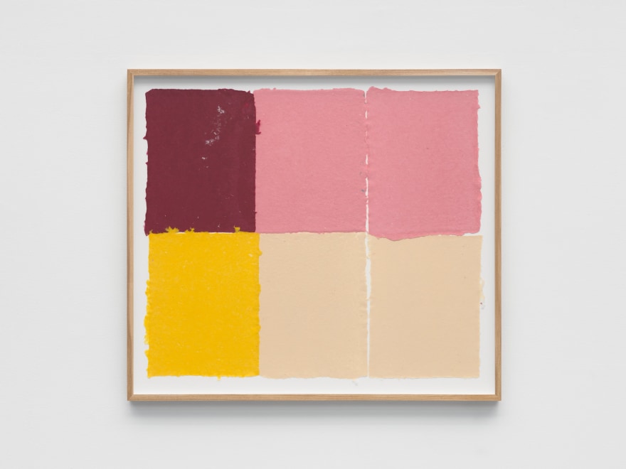 Ethan Cook Pinks, red, yellow, two alabasters, 2022 Handmade pigmented paper 24 3/4 x 28 in - framed 62.9 x 71.1 cm - framed (ECO22.032)