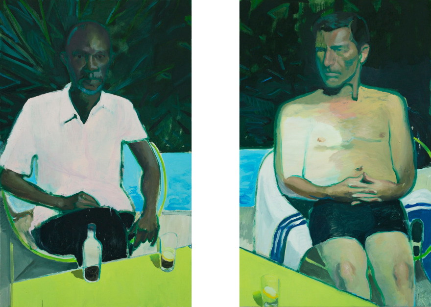 Jonathan Wateridge Patio Men, 2018 Oil on linen 63 x 78 3/4 in, two parts 160 x 200 cm, two parts (JWA20.005)