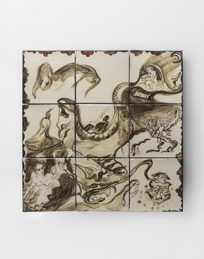 Lola Montes Dragon Blood, 2022 Hand-painted terracotta tiles, mounted on aluminum backing 23 5/8 x 23 5/8 x 2 in 60 x 60 x 5.1 cm (LMO22.061)