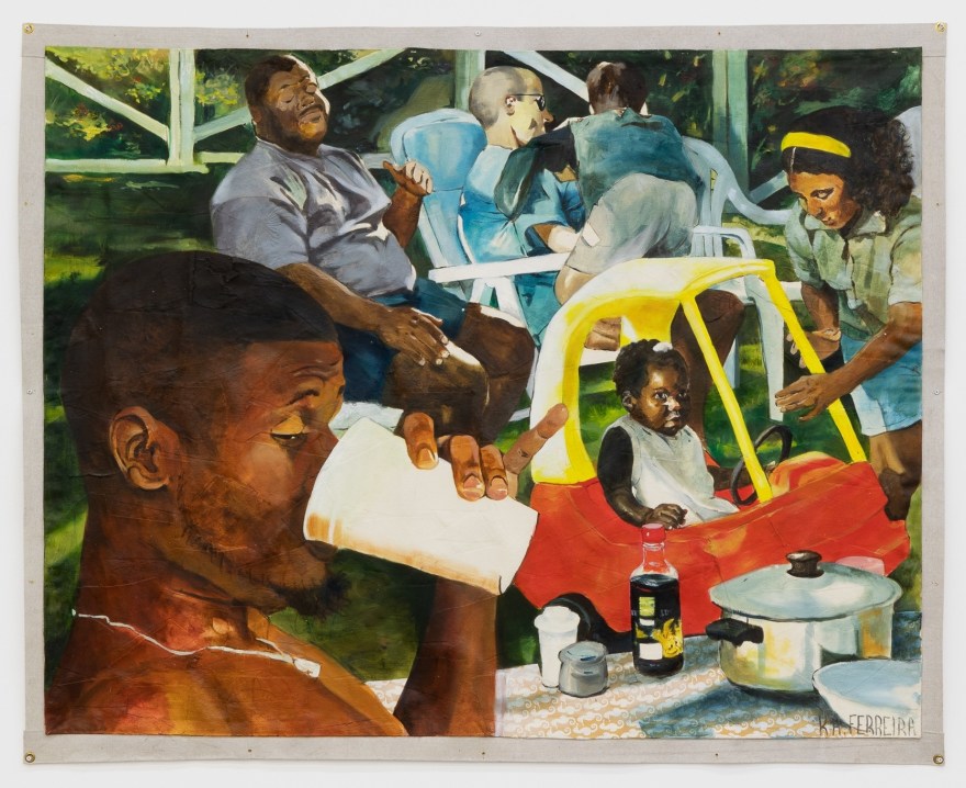 Kareem-Anthony Ferreira, Bareback at the cookout, 2020. Oil, mixed media, canvas, 58 x 71 1/2 in, 147.3 x 181.6 cm (KFE20.007)