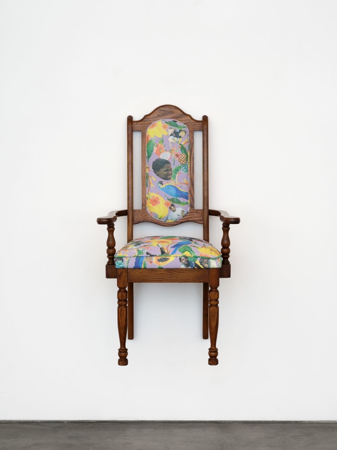Kareem-Anthony Ferreira Freedom to Want: British Colonial Style Dining Chairs with Recolonized Upholstery (11/11), 2022 Handprinted Serigraph on textile upholster on found chair 45 1/2 x 25 x 22 in 115.6 x 63.5 x 55.9 cm (KFE22.025)