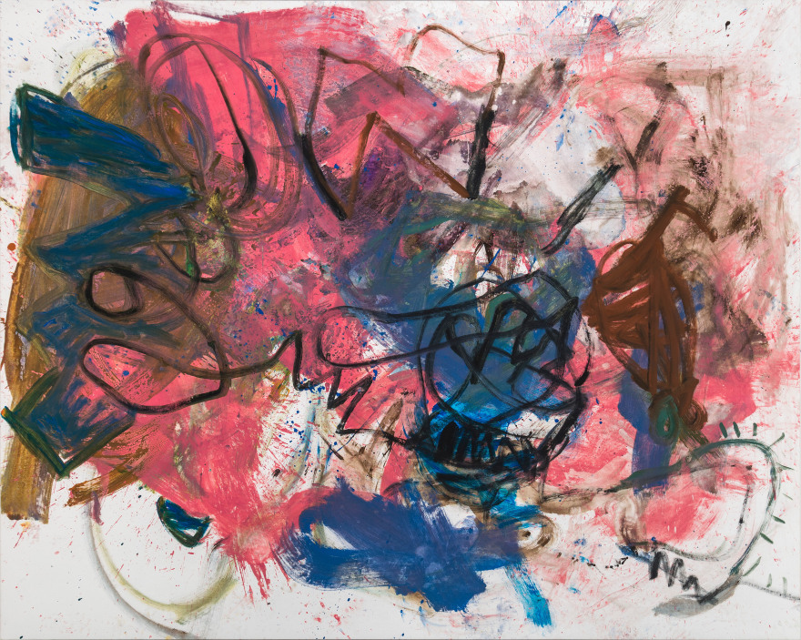A large-scale abstract painting by Anke Weyer, which includes paint strokes in pink, blue, brown, and black.