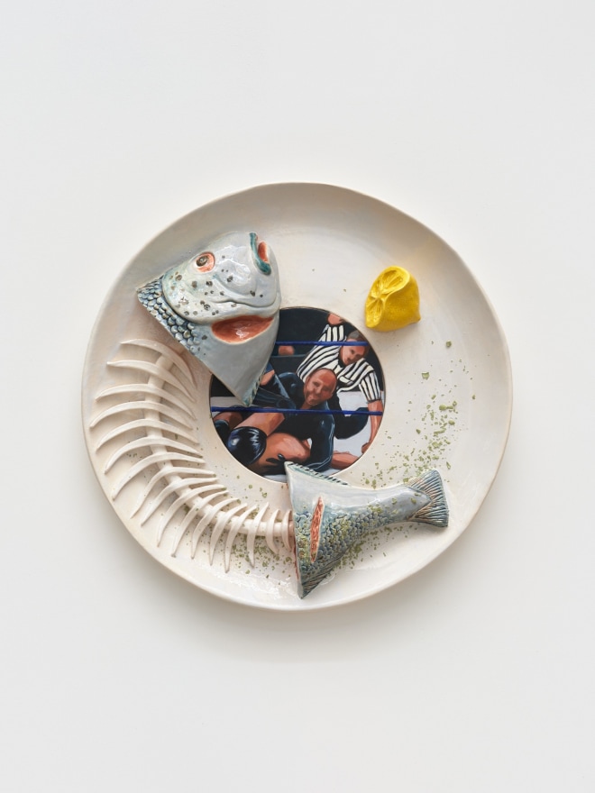 Stephanie Temma Hier Banquet for Tantalus IV, 2023 Oil on linen with glazed earthenware sculpture 25 x 25 x 5 in 63.5 x 63.5 x 12.7 cm (SHI23.023)