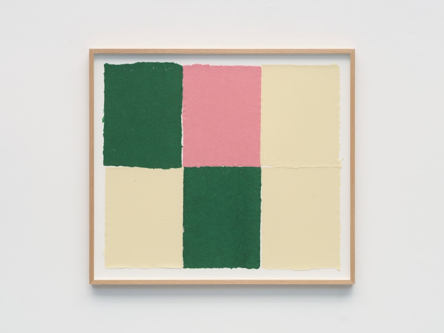 Ethan Cook Two greens, one pink, three alabasters, 2022 Handmade pigmented paper 24 3/4 x 28 in - framed 62.9 x 71.1 cm - framed (ECO22.034)