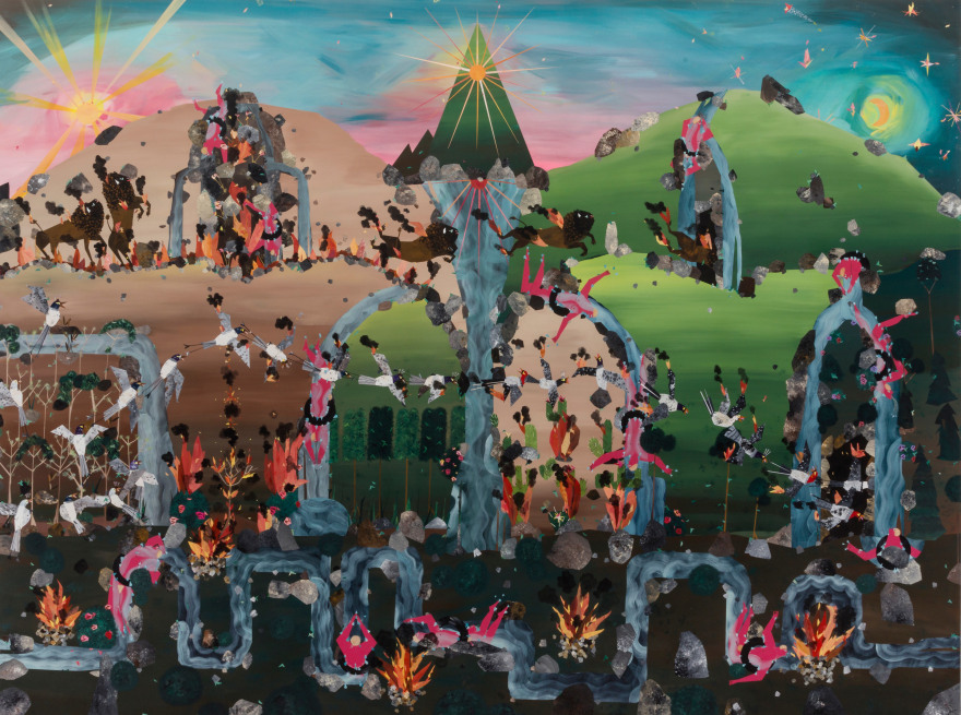 Andrea Joyce Heimer The 1988 Wildfires In Montana Were Caused, In Part, By Unattended Campfires, And Burned All Summer Long Until It Seemed The Whole World Was Aflame, 2019 Acrylic on panel 80 x 60 in 203.2 x 152.4 cm (AJO19.001)