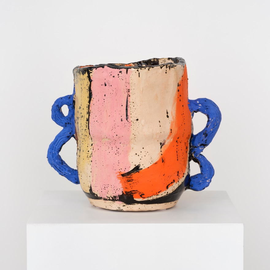 Roger Herman, Pink vase, 2 blue handles, 2023
