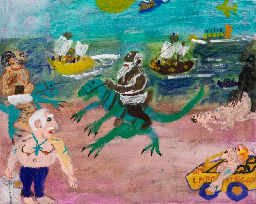 Raynes Birkbeck, Dinoback riding on the Beach, 2020. Oil and acrylic on canvas, 24 x 30 in, 61 x 76.2 cm (RBI20.010)