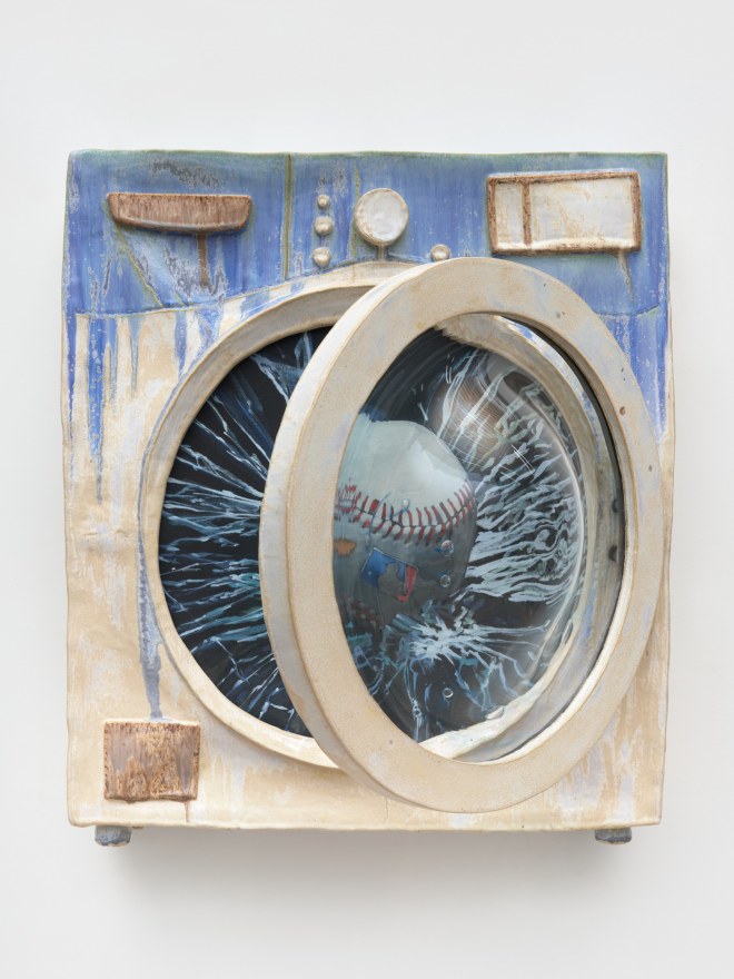 Stephanie Temma Hier Slaving to gain a worthless treasure, 2023 Oil on linen with glazed stoneware, steel and blown glass sculpture 26 x 24 x 20 in 66 x 61 x 50.8 cm (SHI23.008)