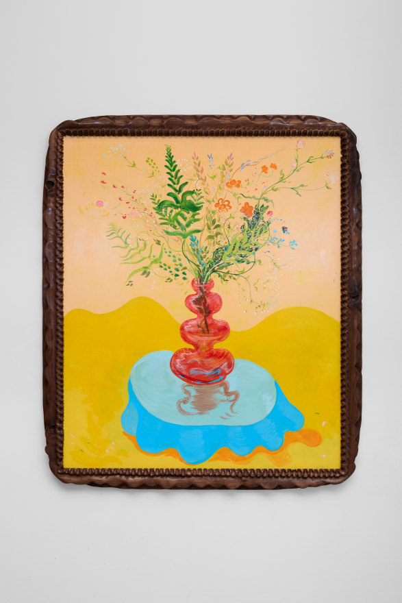 Karel Dicker Red Vase Only Suited for the Blue Table, 2025 Acrylic on cotton with American walnut frame 53 1/8 x 45 5/8 in 135 x 116 cm (KDI25.022)