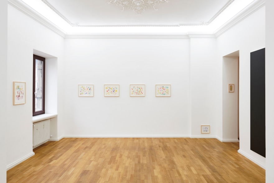 Installation View of 7 Multicolored Untitled Drawings from Butzer's Salon Nino Mier Exhibition (2018) an one Large Black Painting