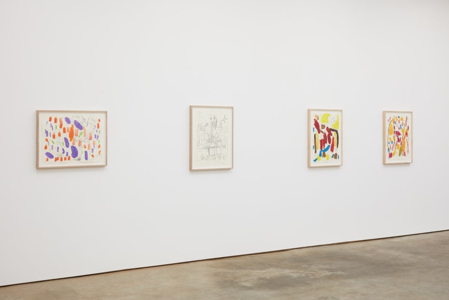 Installation View of Untitled Butzer Drawings (left to right): Purple, Black and White, Red/Yellow, Orange