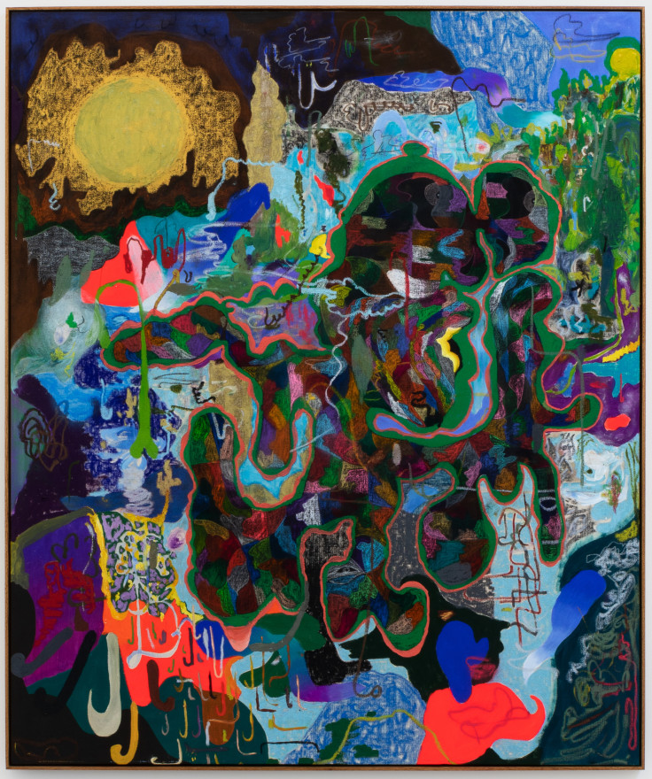 Michael Bauer, Gold Moon &amp; Victory Garden, 2020. Oil, crayon, pastel and acrylic on canvas, 71 x 60 1/2 in, 180.3 x 153.7 cm (MBA20.008)