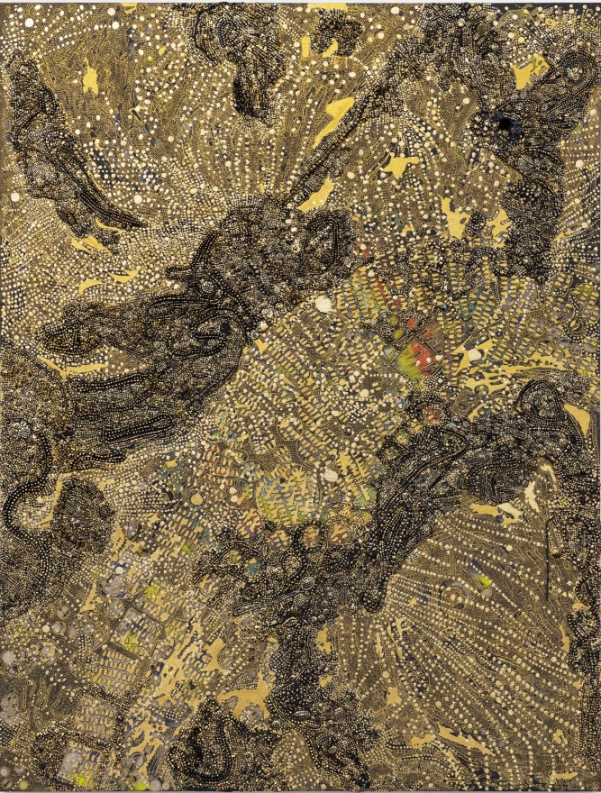 Mindy Shapero Portal Scar, human fractals of the great change, 2024 Acrylic, gold and silver leaf on linen 92 x 70 in 233.7 x 177.8 cm (MS24.006