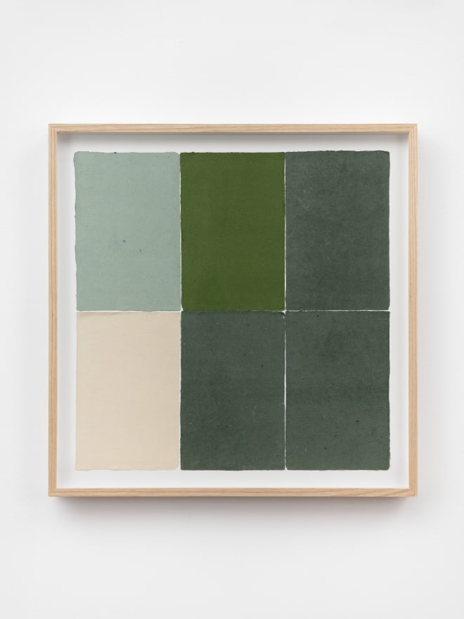 Ethan Cook, Five greens, an alabaster, 2020. Handmade pigmented paper 19 3/4 x 19 1/2 in, 50.2 x 49.5 cm (ECO20.052)