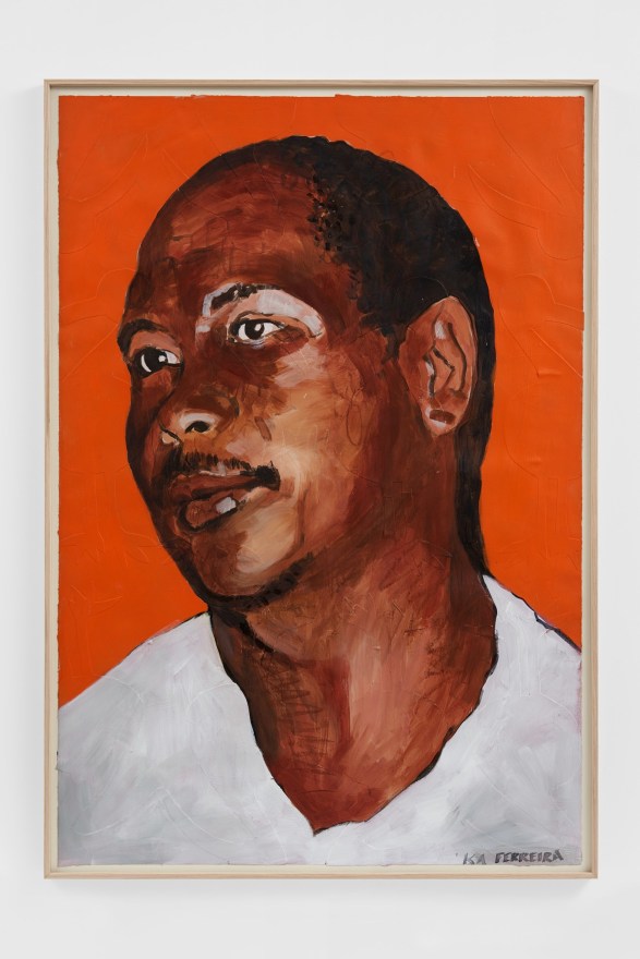 Kareem-Anthony Ferreira Portrait of Eugene (Orange background), 2021 Acrylic and mixed media on paper 44 x 30 in 111.8 x 76.2 cm 45 1/4 x 31 3/4 inches (framed) 115 x 80.5 cms (framed) (KFE21.018)