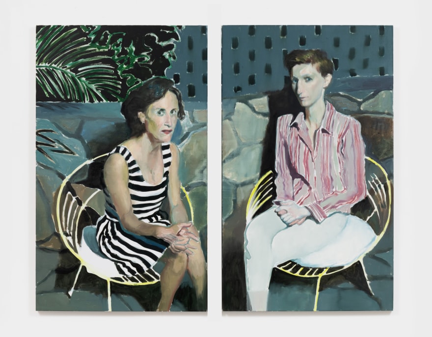 Jonathan Wateridge Women on Patio, 2018 Oil on linen 59 1/8 x 70 7/8 in, two parts 150 x 180 cm, two parts (JWA21.061)