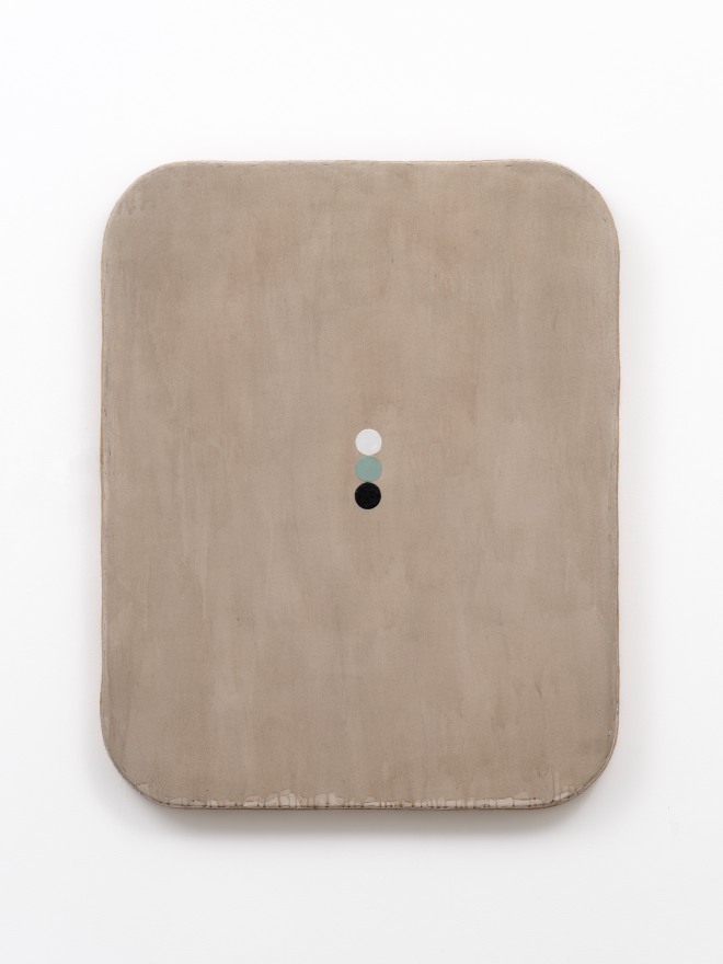Otis Jones Three Circles, One Green On Grayish Yellow Rectangle, 2024 Acrylic on canvas on wood 50 1/2 x 40 x 4 in 128.3 x 101.6 x 10.2 cm (OJO24.013)