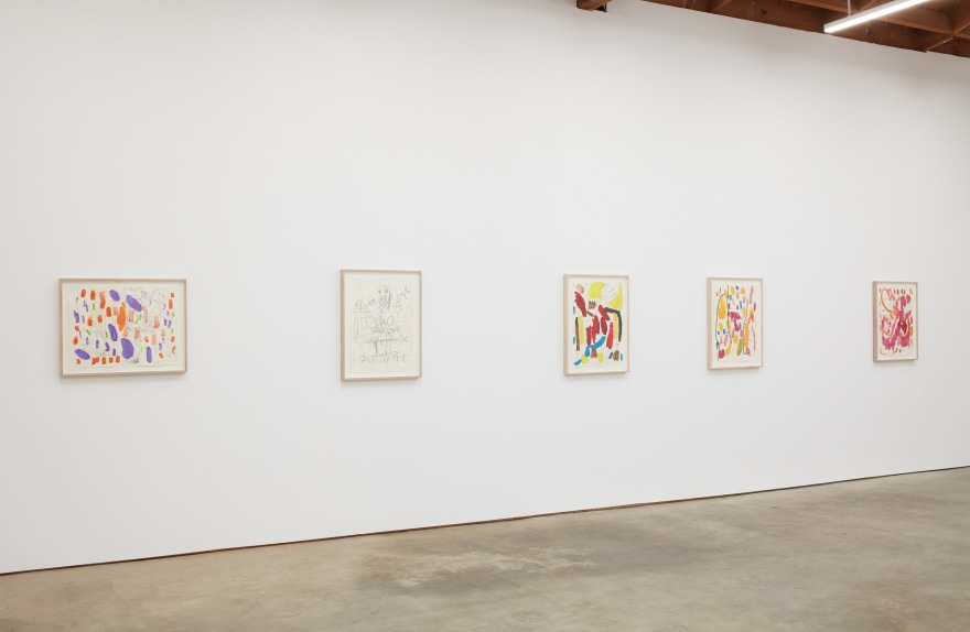 Installation View of Untitled Butzer Drawings (left to right): Purple, Black and White, Red/Yellow, Orange, Pink