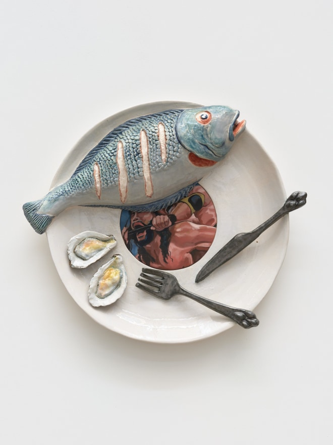 Stephanie Temma Hier Banquet for Tantalus I, 2023 Oil on linen with glazed earthenware sculpture 25 x 25 x 5 in 63.5 x 63.5 x 12.7 cm (SHI23.020)