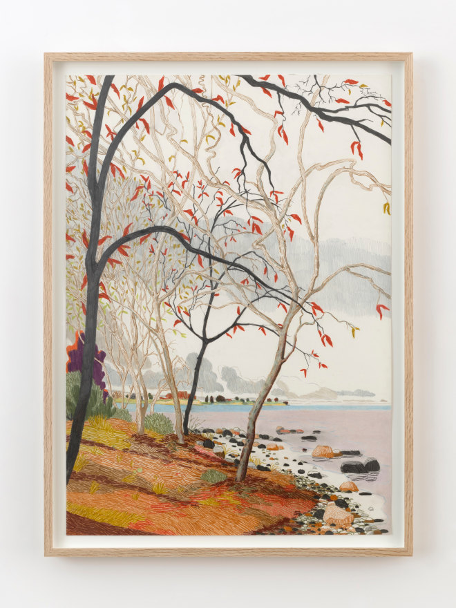 Per Adolfsen Forest by the coastline, 2024 Signed, titled, and dated on verso Colored pencil, chalk and graphite on Hahnemühle 35 1/8 x 25 5/8 in (framed) 89.2 x 65 cm (framed) (PAD24.068)