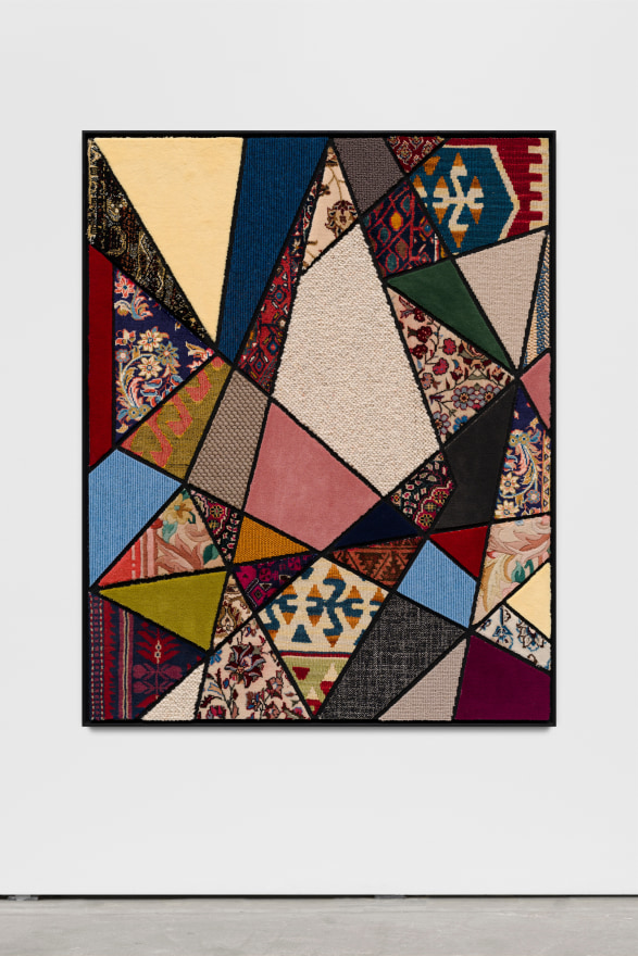 Nevin Aladag Social Fabric, Kite, 2018 Carpet pieces on wood 49 5/8 x 38 5/8 x 1 3/4 in 126.2 x 98.2 x 4.4 cm (NAL21.001)
