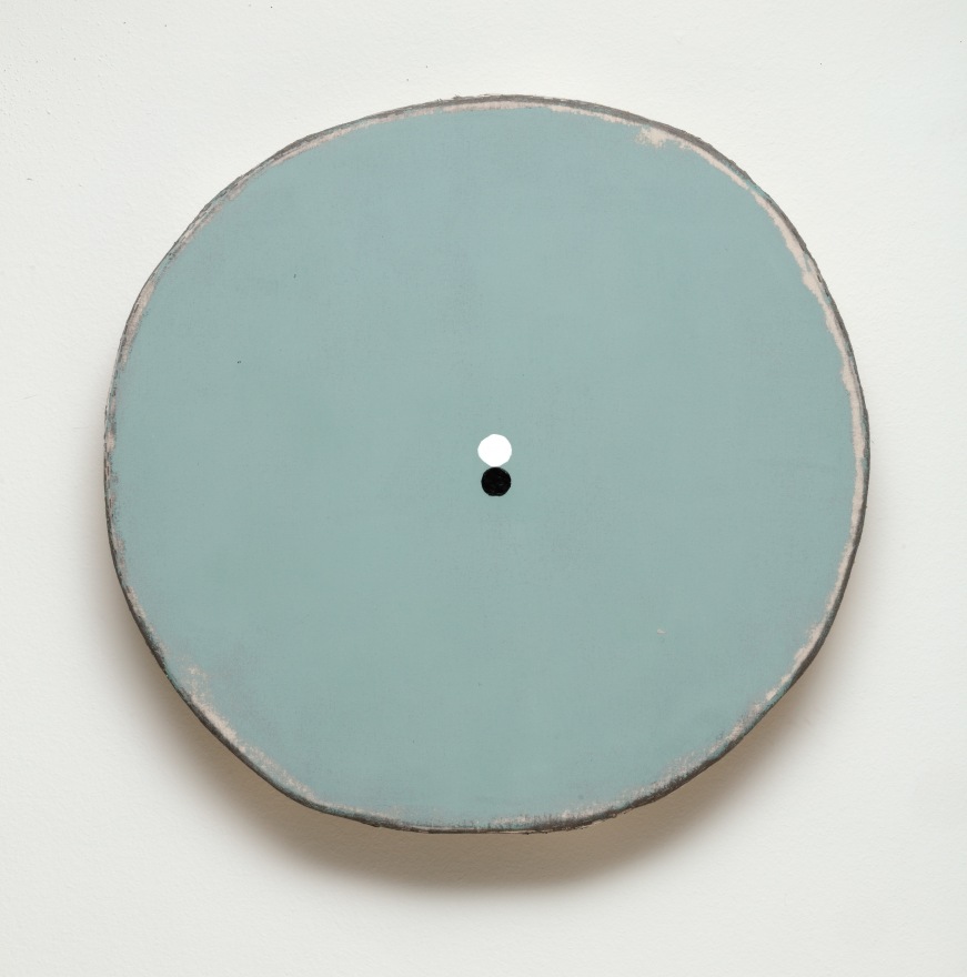 Otis Jones Gray Green with Kissing Black and White Circles , 2022 Acrylic on canvas on wood 40 x 38 x 5 in 101.6 x 96.5 x 12.7 cm (OJO22.002)