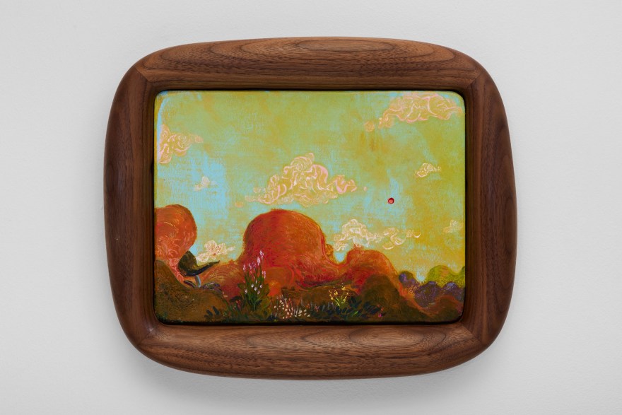 Karel Dicker Red Sun and Pink Flowers, 2025 Acrylic on Belgian linen with American walnut frame 10 3/4 x 12 1/2 in 27.3 x 31.8 cm (KDI25.023)