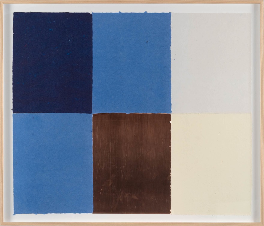 Ethan Cook Three blues, white, alabaster, one copper, 2023 Handmade pigmented paper and copper 28 1/2 x 33 7/8 in (framed) 72.4 x 86 cm (framed) (ECO23.071)