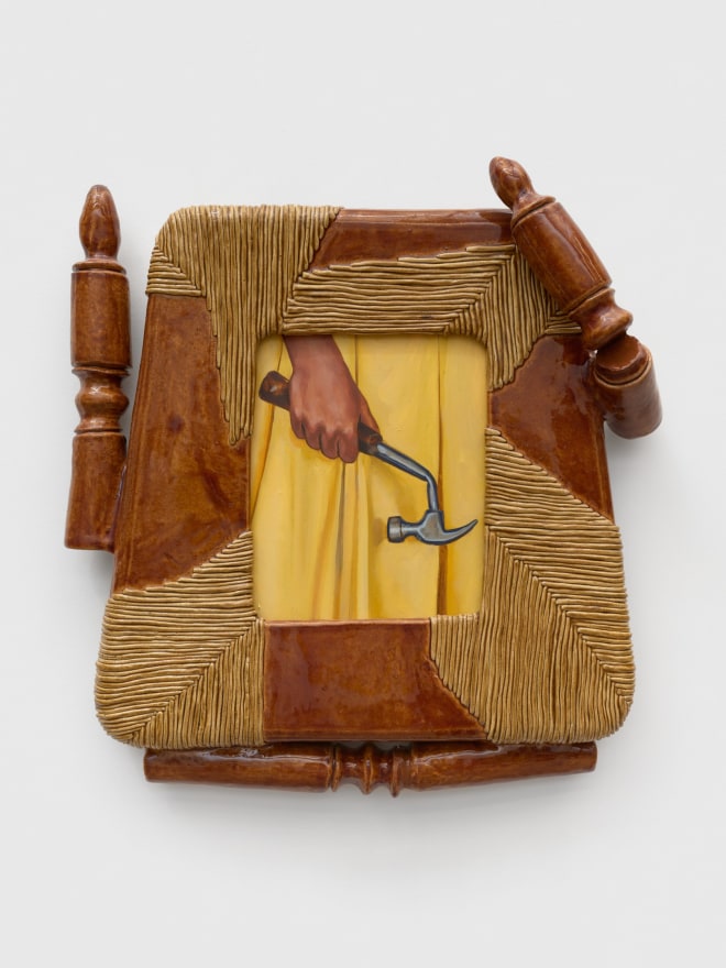 Stephanie Temma Hier You're the definition of my right hand, 2023 Oil on linen with glazed stoneware sculpture 21 x 20 x 5 in 53.3 x 50.8 x 12.7 cm (SHI23.003)