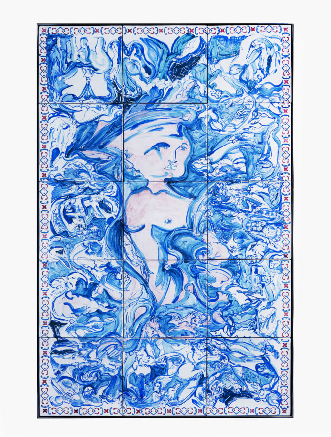 Lola Montes Undine, 2022 Suite of 15 hand-painted terracotta tiles, steel table 30 1/2 x 78 1/2 x 47 1/2 in  77.5 x 199.4 x 120.7 cm (LMO22.048)