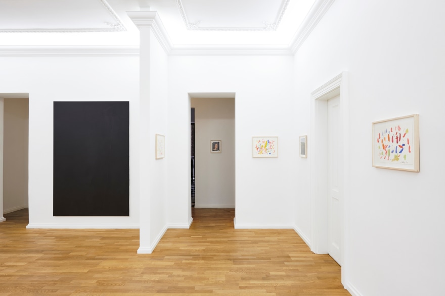 Installation View of 5 Multicolored Untitled Drawings from Butzer's Salon Nino Mier Exhibition (2018) and one Large Black Painting
