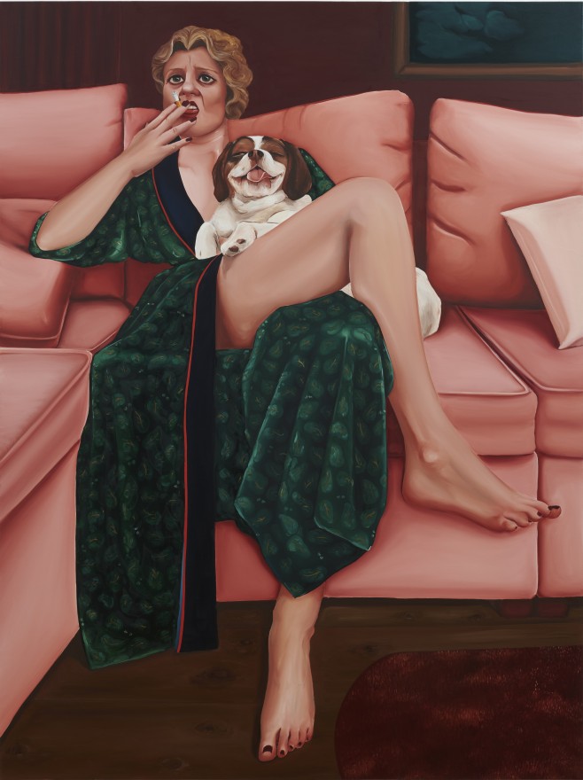 Madeleine Pfull, Lady with Dog 1, 2019. Oil on linen, 72 x 54 in, 182.9 x 137.2 cm (MP19.011)
