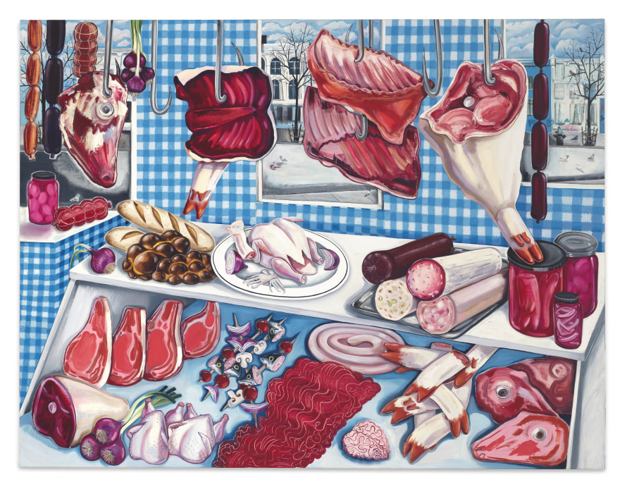 Nikki Maloof The Meat Stall with Squashed Pigeon, 2021 Oil on linen 60 x 78 in 152.4 x 198.1 cm (NMA21.020)