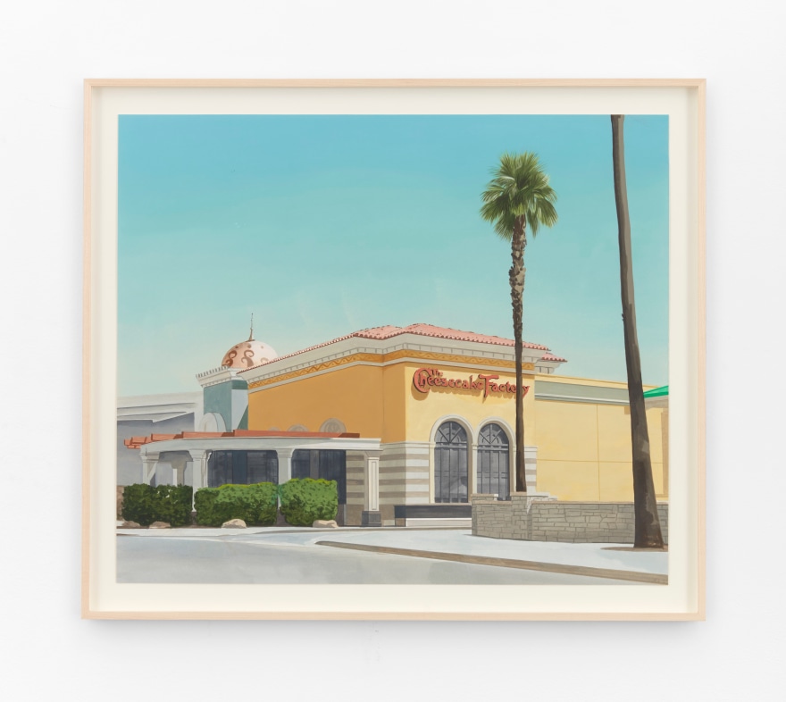 Jake Longstreth Orange County Cheesecake Factory, 2021 Oil on paper 18 3/4 x 22 in (unframed) 47.6 x 55.9 cm (unframed)  24 1/4 x 24 1/4 inches (framed) 61.6 x 61.6 cms (framed) (JLO21.027)