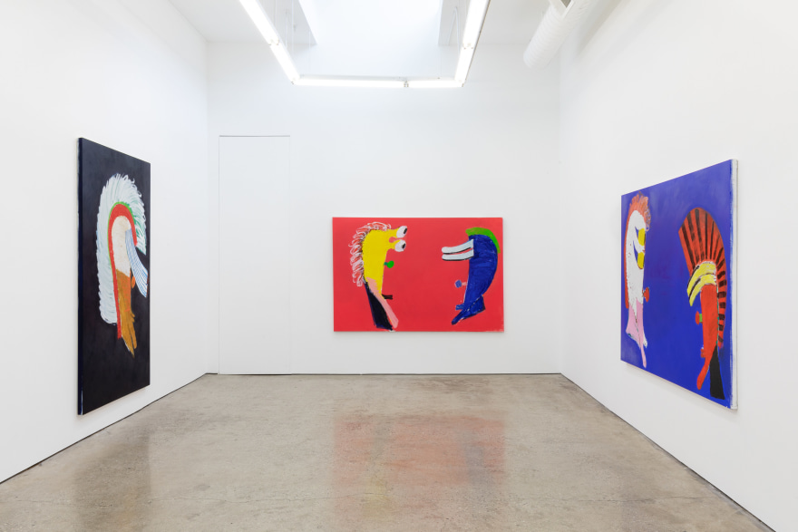 Installation View of &quot;Black Elk Speaks&quot;, of Black, Red, and a Blue Painting by Wulff