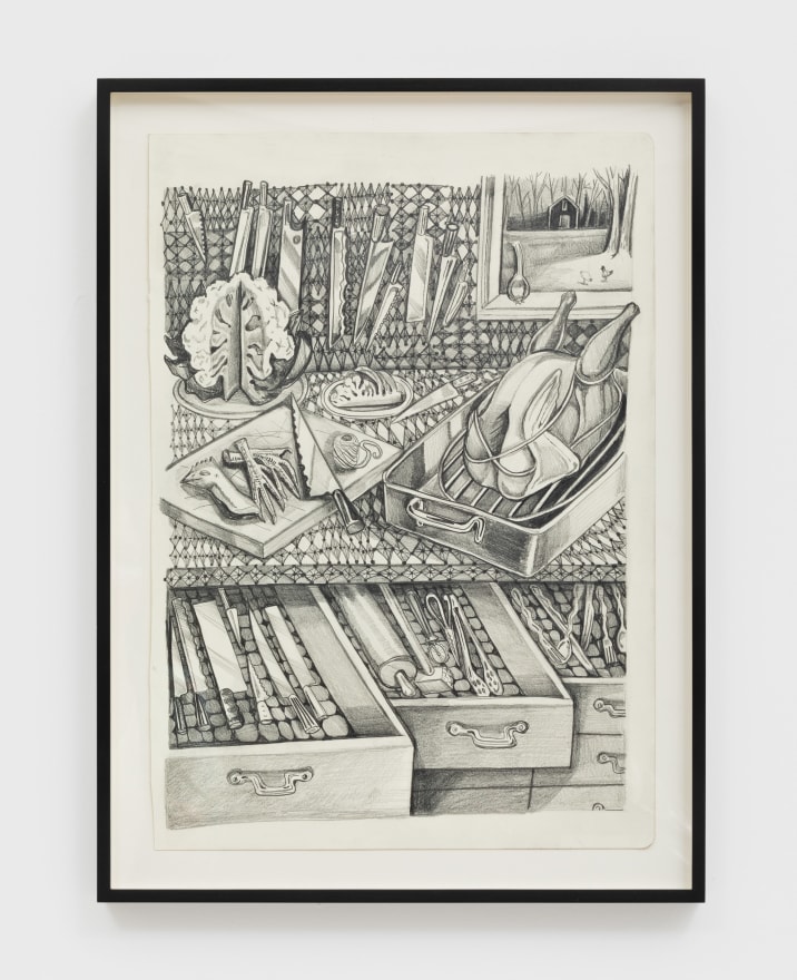 Nikki Maloof Kitchen with Knives Study, 2021 Graphite on paper 16 1/2 x 11 1/2 in (unframed) 41.9 x 29.2 cm (unframed) 19 x 14 x 1 1/2 in (framed) (NMA21.006)
