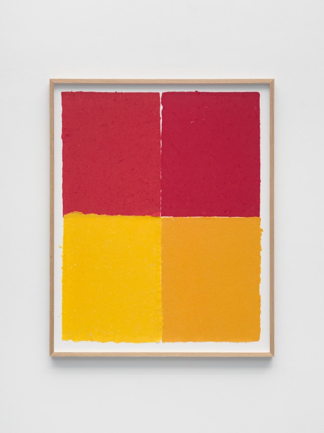 Ethan Cook Two fire reds, an orange, a yellow, 2022 Handmade pigmented paper 28 x 22 in 71.1 x 55.9 cm (ECO22.050)