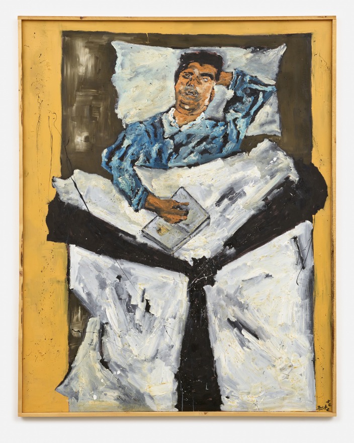 Werner Büttner, Selbst bei Ich k&ouml;nnt&rsquo; im Bett verfaulen, 1986, Oil on canvas, in artist&rsquo;s frame, 96 1/2 x 76 3/4 x 2 in framed (245 x 195 x 5 cm framed), WB86.003