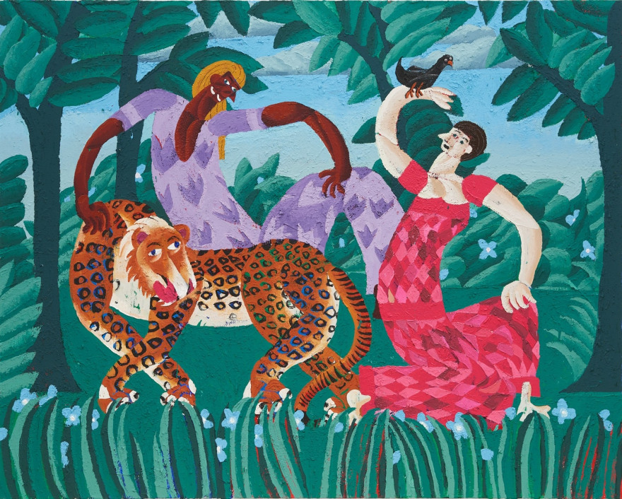 Ralf Kokke Bird on Hand with Panther on Land, 2023 Chalk paint on linen 62 7/8 x 78 3/4 in 159.7 x 200 cm (RKO23.012)