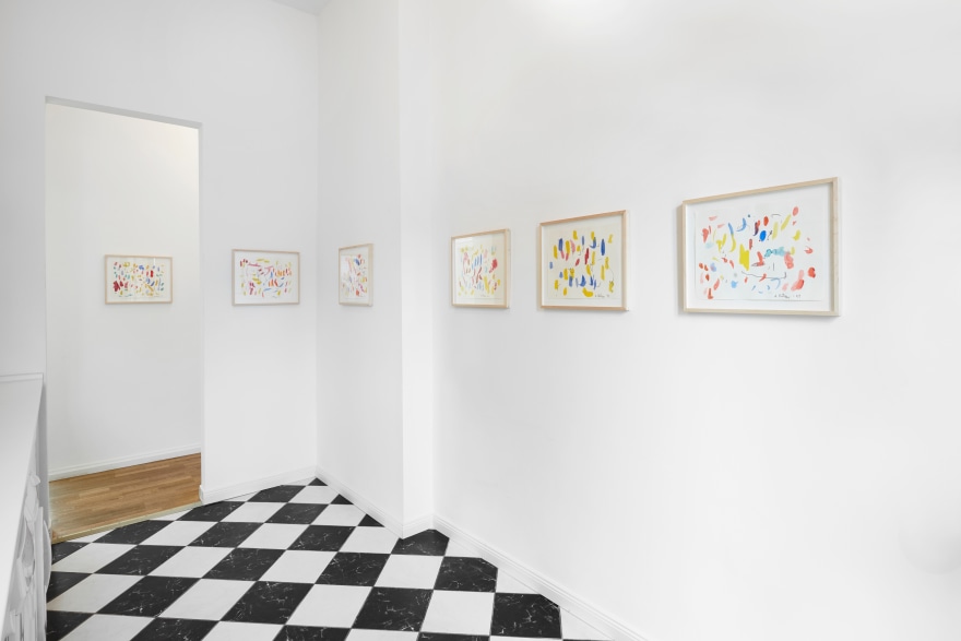 Installation View of 6 Multicolored Untitled Drawings from Butzer's Salon Nino Mier Exhibition (2018) with black and white checkered floor