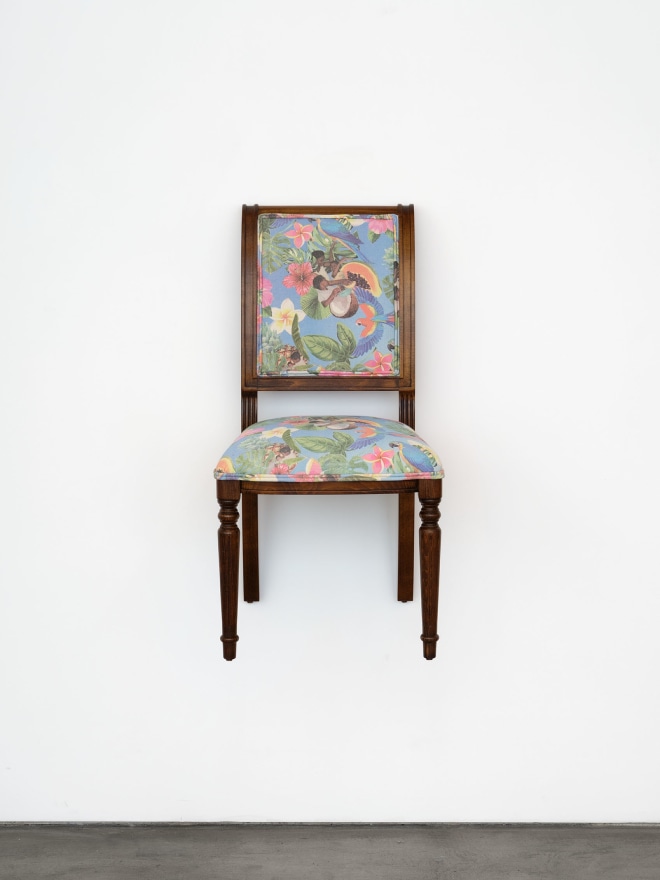 Kareem-Anthony Ferreira Freedom to Want: British Colonial Style Dining Chairs with Recolonized Upholstery (2/11), 2022 Handprinted Serigraph on textile upholster on found chair 40 x 20 1/2 x 25 in 101.6 x 52.1 x 63.5 cm (KFE22.008)