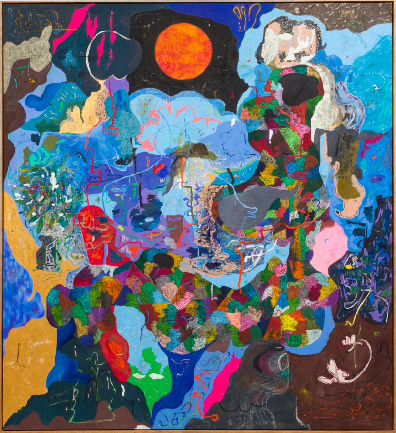 Michael Bauer Blue Cave, Red Moon and Aunts, 2019 Oil, crayon, pastel and acrylic on canvas 76 x 70 in 193 x 178 cm (MB19.017)