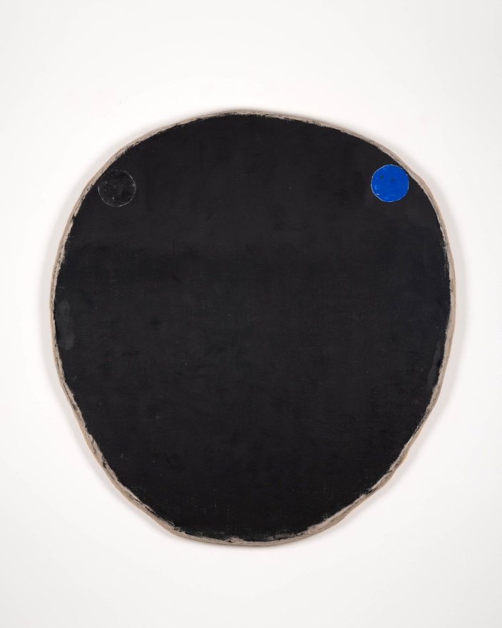 Otis Jones Black with Black Circle and Blue Circle, 2022 Acrylic on linen on wood 60 x 56 1/2 x 3 in 152.4 x 143.5 x 7.6 cm (OJO23.008)