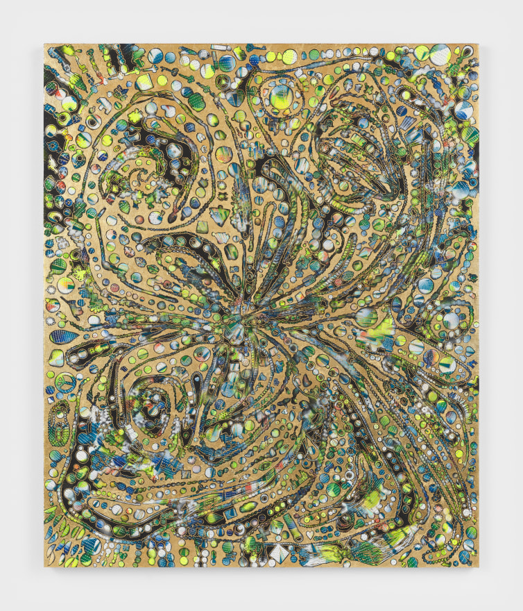 Mindy Shapero Portal Scar, Down into the ashtray, out of the ashtray, 2023 Acrylic, gold and silver leaf on linen 72 x 60 in 182.9 x 152.4 cm (MS23.012)