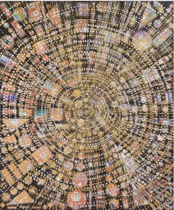 Mindy Shapero Portal Scar, halographic shadows, 2024 Acrylic, gold and silver leaf on linen 60 x 72 in 152.4 x 182.9 cm (MS24.013)