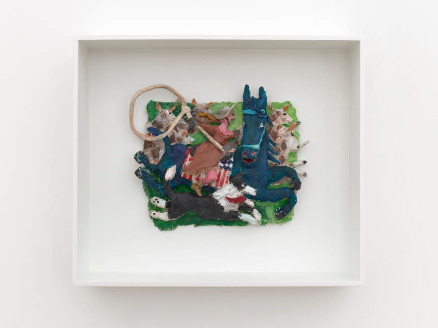 Kyle Staver Annie Oakley, 2025 Air dry clay and acrylic 12 1/2 x 14 1/2 x 3 1/2 in (framed) 31.8 x 36.8 x 8.9 cm (framed) (KST25.030)